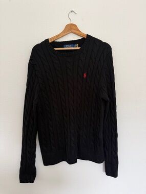 Ralph Lauren Black Crewneck Cable Knit Sweater with Red Polo Logo